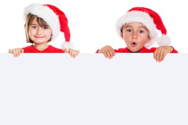Çocuk çocuk kız çocuk Noel Noel Baba boş beyaz bir arka plan üzerinde izole afiş boşaltmak