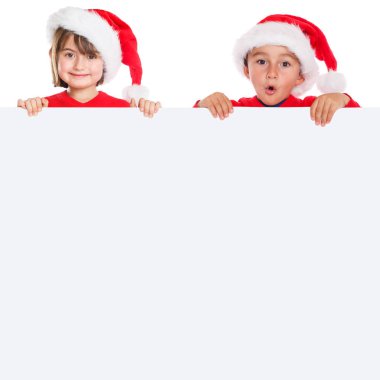 Çocuk çocuk kız çocuk Noel Noel Baba boş afiş kare boşaltmak izole beyaz bir arka plan üzerinde