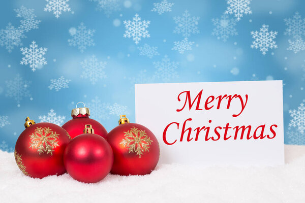Red Merry Christmas card balls baubles decoration snowflakes bauble