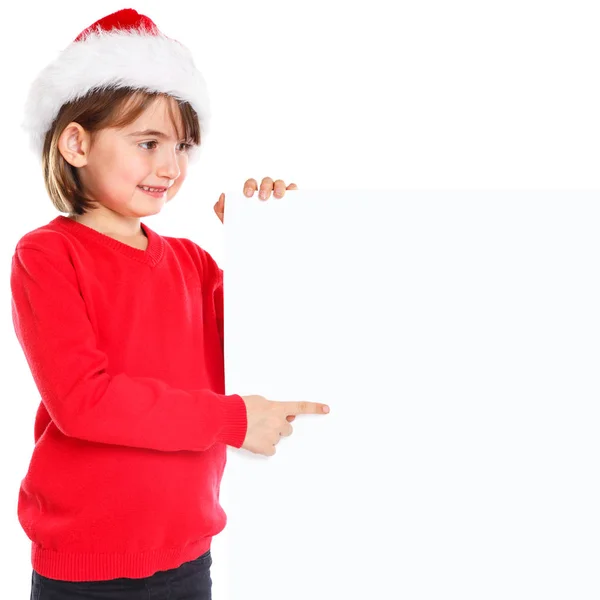 Natal Papai Noel Criança Menina Apontando Olhar Banner Vazio Espaço — Fotografia de Stock