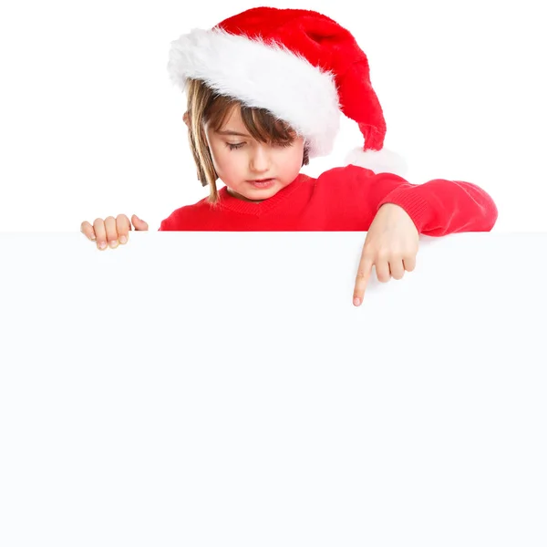 Niño Navidad Niña Santa Claus Señalando Banner Vacío Plaza Copyspace —  Fotos de Stock