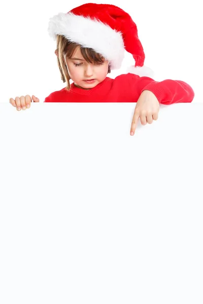 Niño Navidad Niña Santa Claus Señalando Banner Vacío Retrato Formato —  Fotos de Stock