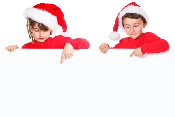 Christmas Children Kids Santa Claus Pointing Empty Banner Copyspace Isolated — Stock Photo, Image