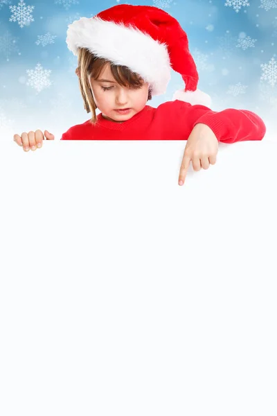 Niño Navidad Niña Santa Claus Señalando Banner Vacío Retrato Formato — Foto de Stock