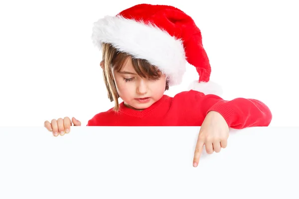 Niño Navidad Niña Santa Claus Señalando Banner Vacío Copyspace Aislado — Foto de Stock