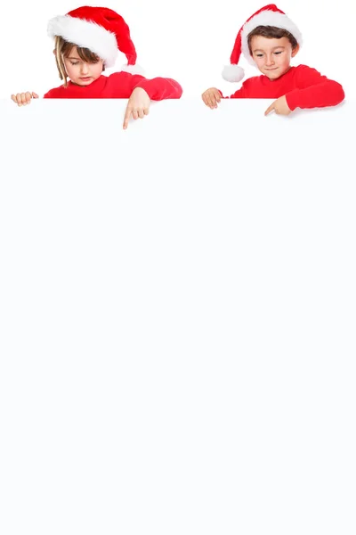 圣诞节儿童儿童圣诞老人指向空横幅肖像格式复制空间隔离在白色背景 — 图库照片
