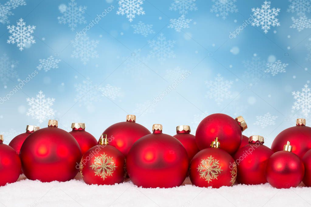 Many red Christmas balls baubles background decoration snowflakes snow winter copyspace copy space