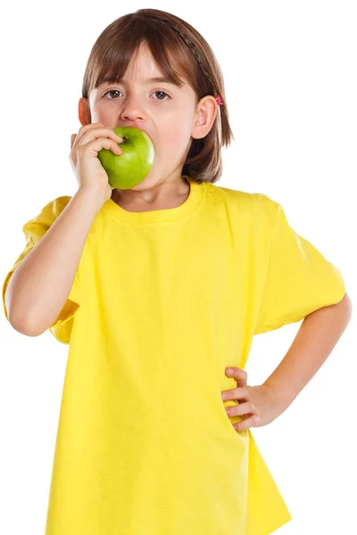 Girl child kid eating apple fruit autumn fall healthy isolated o — Stock Photo, Image