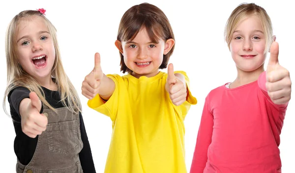 Grupo de niños niños sonriendo niñas jóvenes pulgares éxito — Foto de Stock