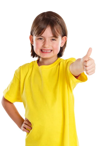 Niño niña éxito joven buenos pulgares positivos hacia arriba aislado en — Foto de Stock