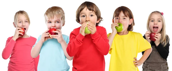 Zdrowe odżywianie grupa dzieci jabłko owoce izolowane na wh — Zdjęcie stockowe