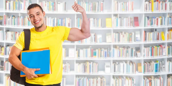 Student ung man framgång framgångsrik banner stark makt bibliotek — Stockfoto
