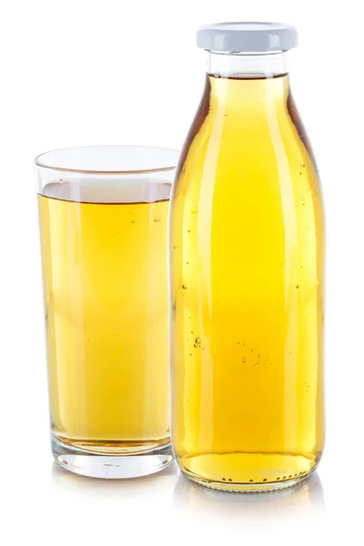 Bebida de zumo de manzana botella de vidrio fresco aislado en blanco —  Fotos de Stock