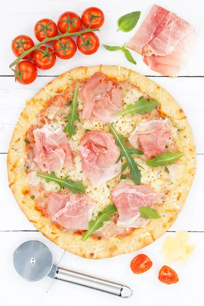 Ham pizza prosciutto from above portrait format baking ingredien — Stock Photo, Image