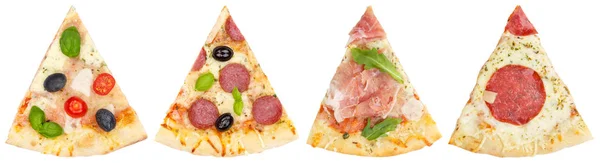 Pizza pizzák szelet szeletek gyűjtése kollázs felülről elszigetelt — Stock Fotó