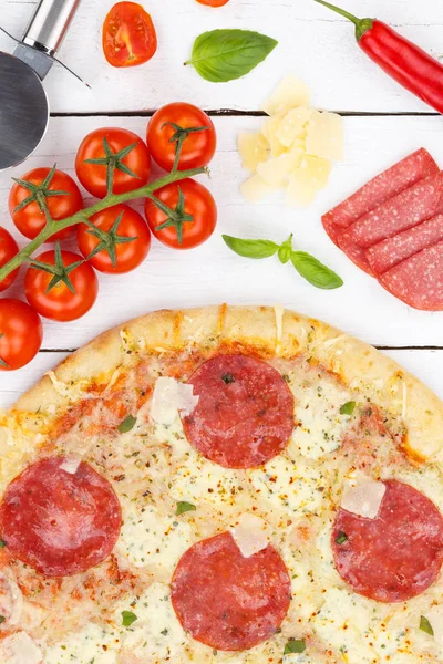 Pizza salami from above baking ingredients portrait format close — Stock Photo, Image