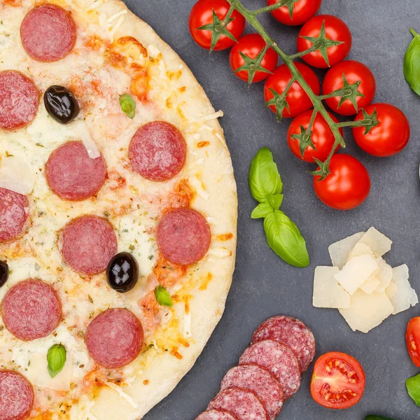 Pizza salami pepperoni de arriba ingredientes cuadrados para hornear clos —  Fotos de Stock