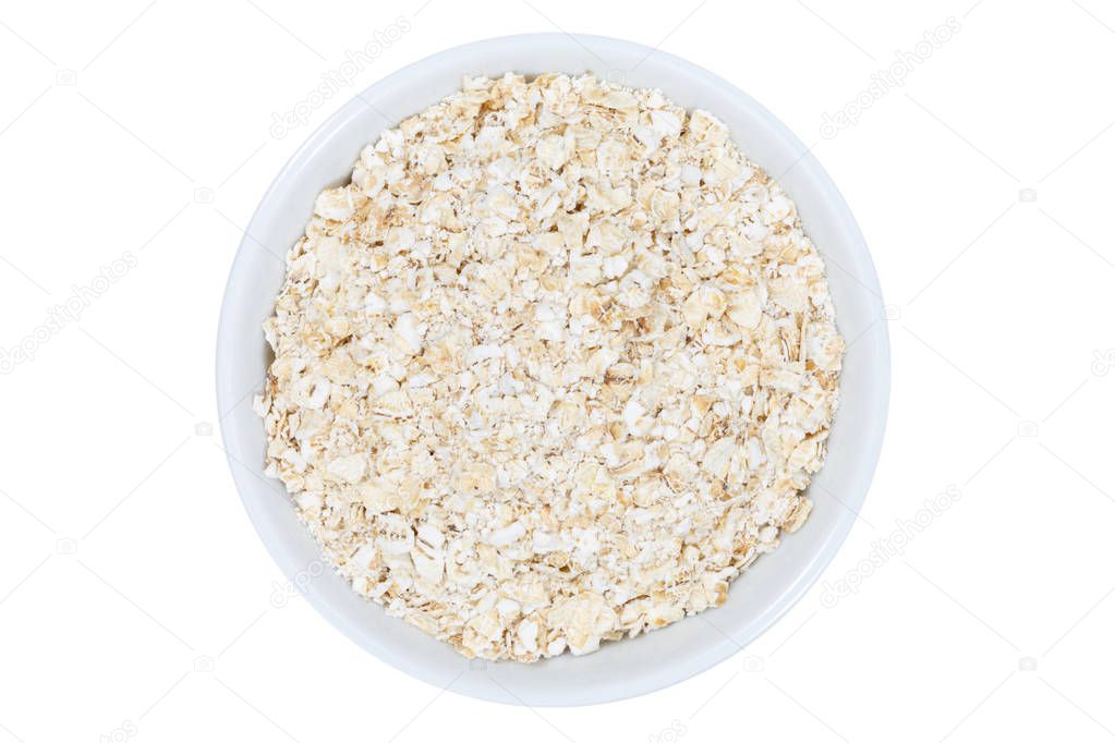 Oatmeal oats from above bowl isolated on white