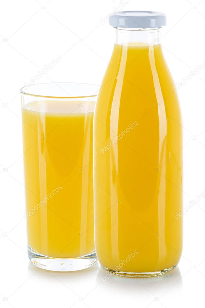Orange juice drink fresh glass bottle isolated on white