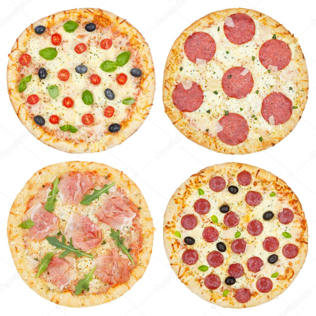Pizza pizzas collection collage from above isolated on white
