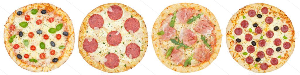 Pizza pizzas in a row collection collage from above isolated on 