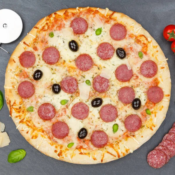Pizza pepperoni salami from above square baking ingredients slat — Stock Photo, Image