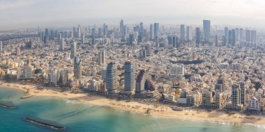 Tel Aviv siluetpanorama İsrail plaj havadan şehir deniz gökyüzü