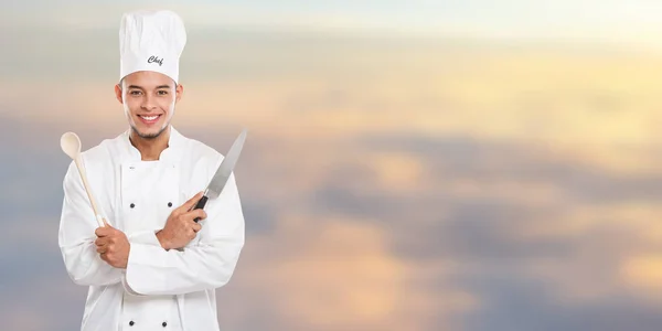 Cocinero cocina educación formación joven hombre hombre trabajo bandera copysp — Foto de Stock