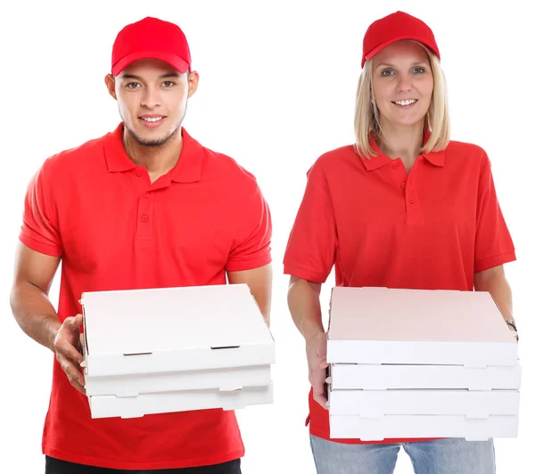 Pizzabote Frau Mann Auftrag Lieferung Job jung isoliert auf — Stockfoto