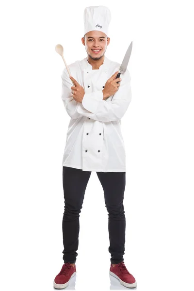 Koch Kochen junger Mann männlich Job Ganzkörper Portrait isoliert auf w — Stockfoto