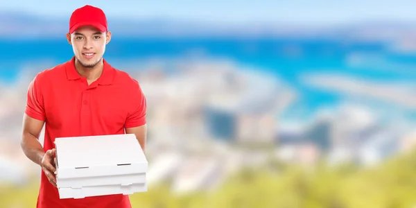 Доставка піци Латинський чоловік хлопчик замовити доставку роботи коробка yo — стокове фото