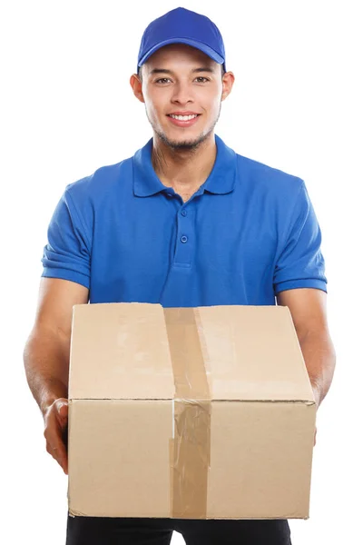 Paquete entrega caja de servicio paquete entrega trabajo joven l — Foto de Stock