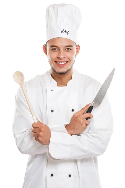 Cocinar cocinar hombre joven trabajo masculino aislado en blanco — Foto de Stock