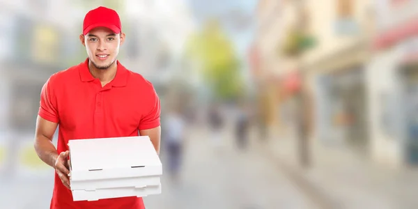 Pizza levering Latin man jongen bestelling leveren job leveren vak yo — Stockfoto