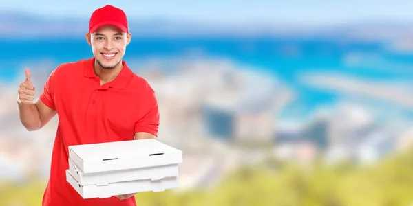 Pizza leverans Latin man Beställ leverera jobb framgång framgångsrik — Stockfoto