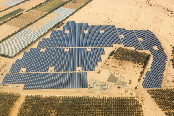 Solar panels farm energy panel Israel desert from above aerial v — Stock Photo, Image