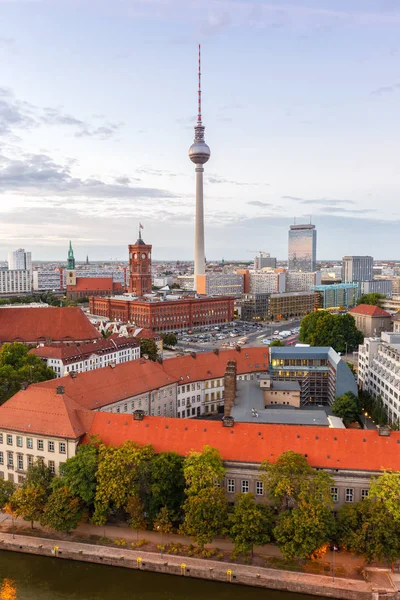 Berlin silueti tv kulesi belediye binası Almanya portre formatında şehir — Stok fotoğraf