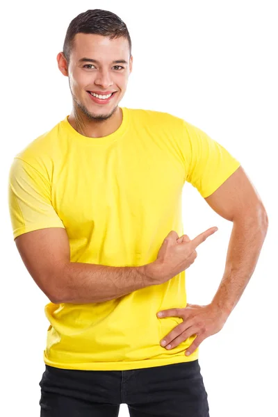 Young latin man showing pointing marketing ad advert people isol — Stock Photo, Image