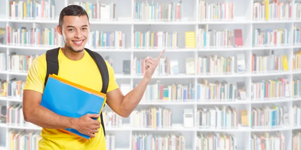 Student Young Man education toont wijzend banner copyspace co — Stockfoto