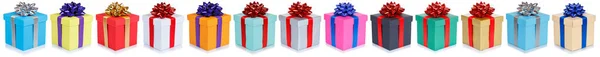 Collection of birthday gifts christmas presents in a row isolate — Stock Photo, Image