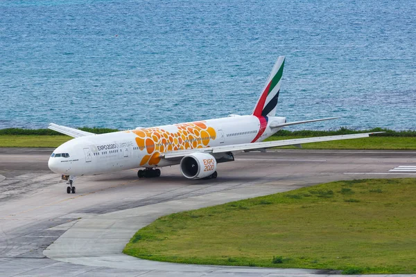 Mahe Seychellerna Februari 2020 Emirates Boeing 777 300Er Flygplan Mahe — Stockfoto