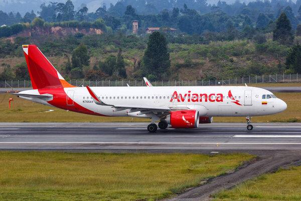 Medellin, Colombia  January 27, 2019 Avianca Airbus A320 airplane at Medellin Rionegro airport (MDE) in Colombia. Airbus is a European aircraft manufacturer based in Toulouse, France.