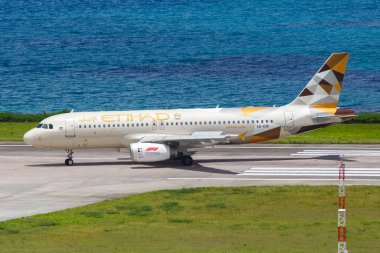 Mahe, Seyşeller 8 Şubat 2020 Etihad Airbus A320 Seyşeller 'deki Mahe havaalanında (SEZ). Airbus, Toulouse, Fransa merkezli bir Avrupalı uçak üreticisi..