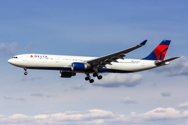 New York City, New York  February 29, 2020 Delta Air Lines Airbus A330-300 airplane at New York JFK airport (JFK) in New York.