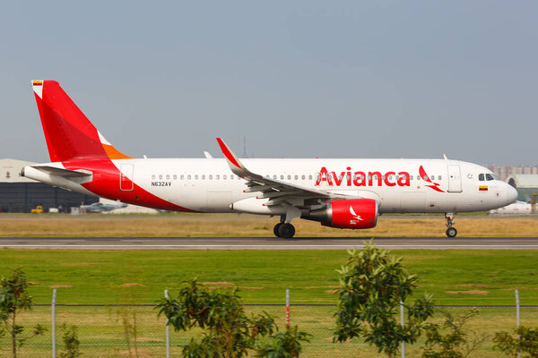 Bogota, Colombia  January 30, 2019 Avianca Airbus A320 airplane at Bogota airport (BOG) in Colombia. Airbus is a European aircraft manufacturer based in Toulouse, France.