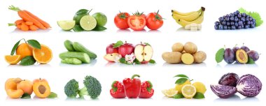 Meyve sebze koleksiyonu elma portakalları domates muz renkleri beyaz arka planda taze meyve