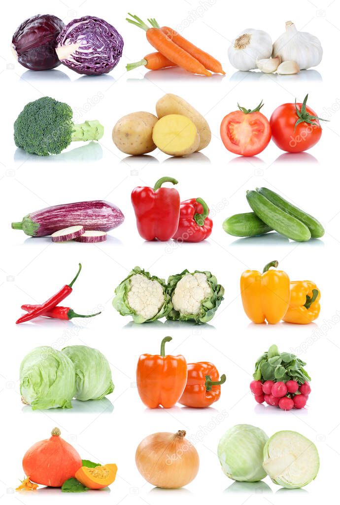 Collection of vegetables tomatoes carrots lettuce onion fresh food vegetable isolated on a white background