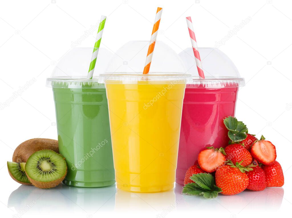 Juice collection of fruit smoothies fruits orange straw drinking healthy eating drink in cups isolated on a white background