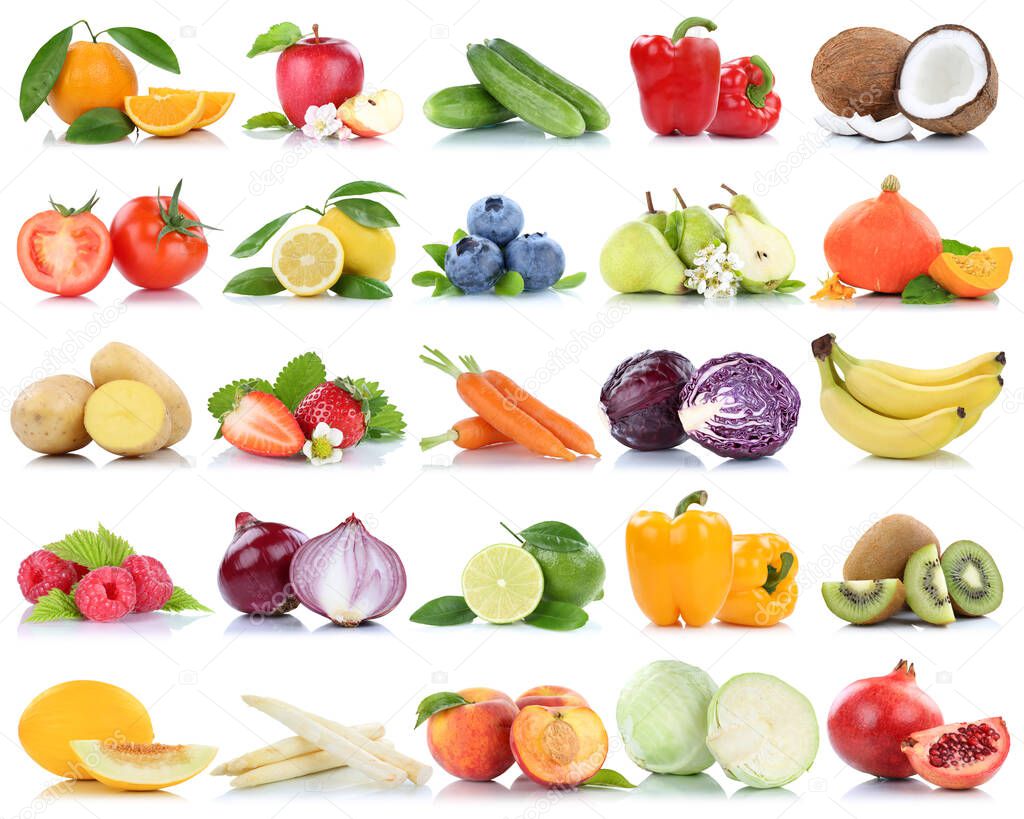 Fruits and vegetables collection isolated apple peach tomatoes berries fruit on a white background