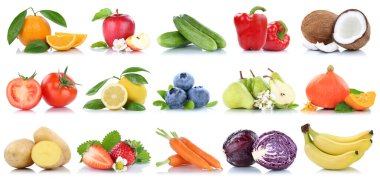 Meyveler ve sebzeler, elma portakalları, domatesler, meyveler beyaz arka planda.